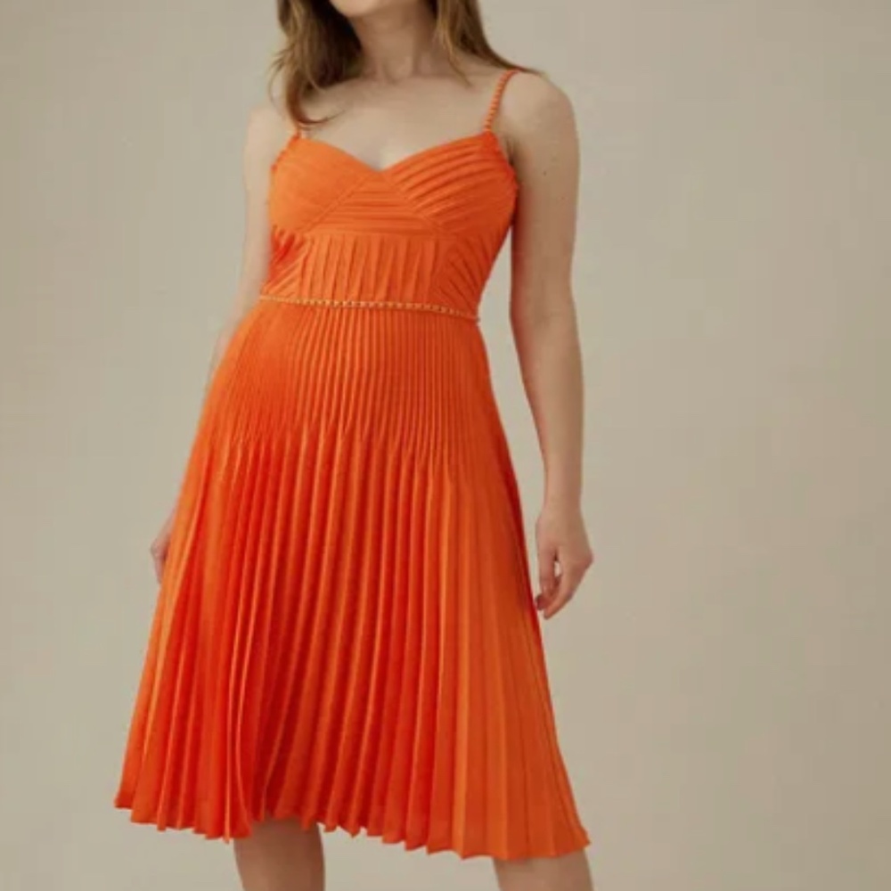 Orange Pleated A-Line Spaghetti Strap Dress